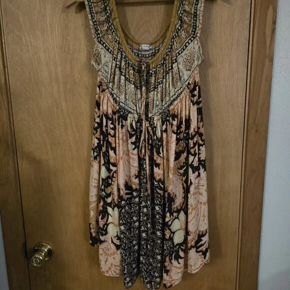 Free People Bali Mariposa Mini Slip Dress Tunic XL Floral Brown Combo EUC - Picture 2 of 5